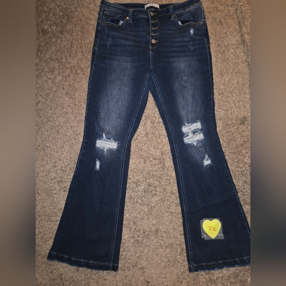 KanCan Blue Flare Wide Leg Jeans with Distressed Details